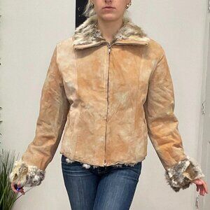 Y2K Vintage Fur Trim Penny Lane Leather Full Zip Jacket Size S Orange